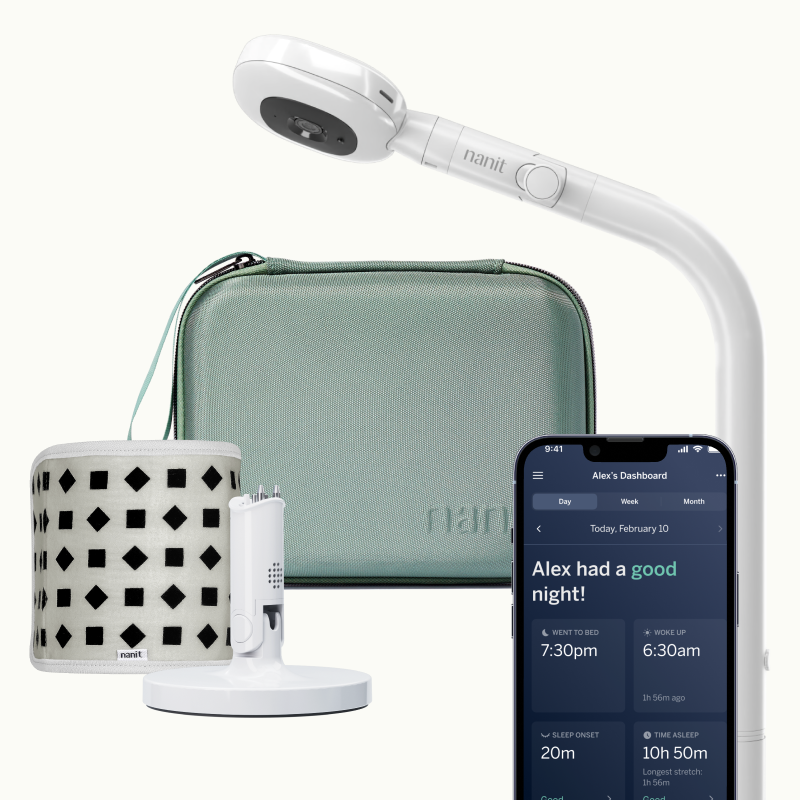 nanit pro camera wall mount, green travel case, gray breathing band, flex stand, and nanit app #mount_wall mount #color_green